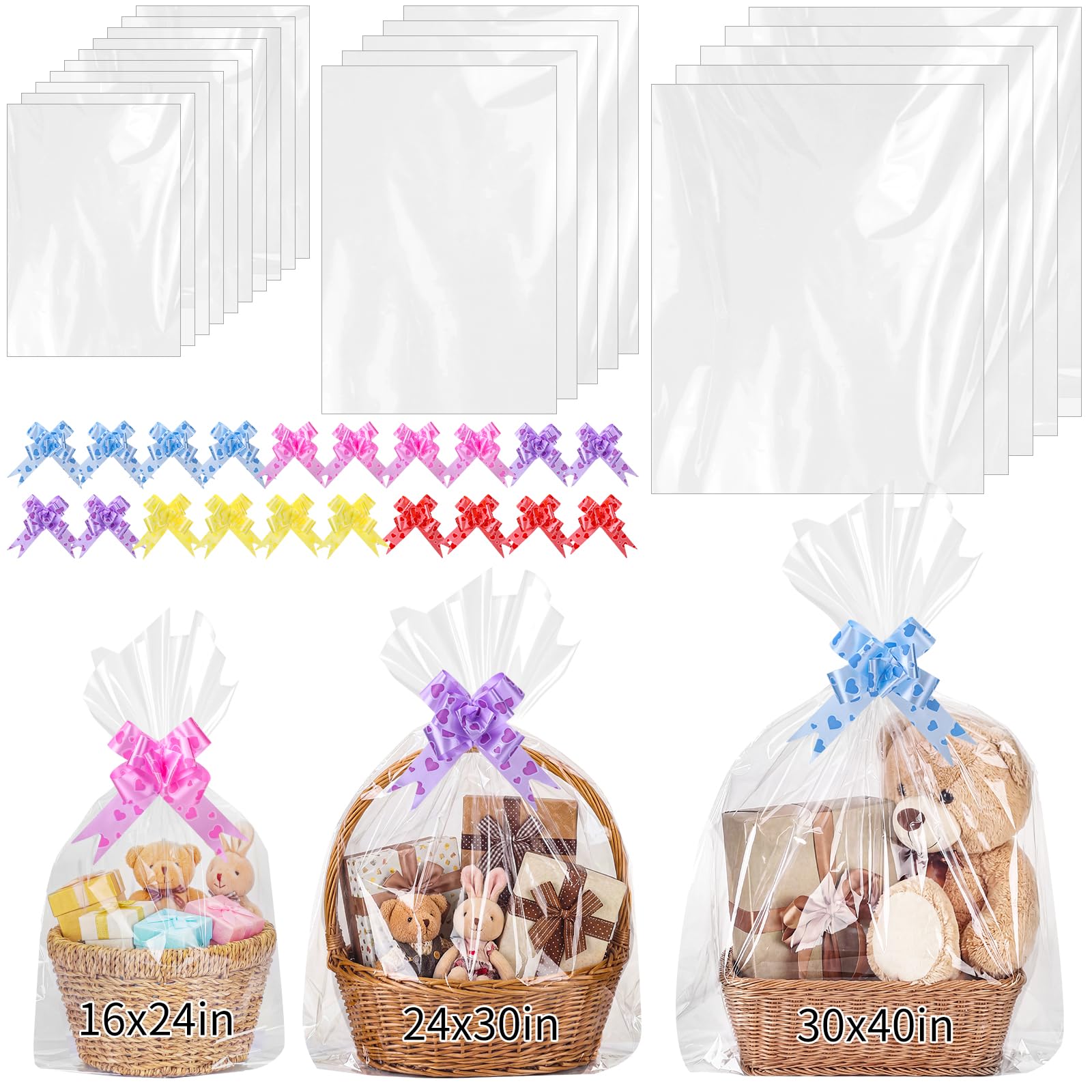 woric 3 Size Clear Cellophane Bags 30x40 24x30 16x24 Inch for Gift Baskets