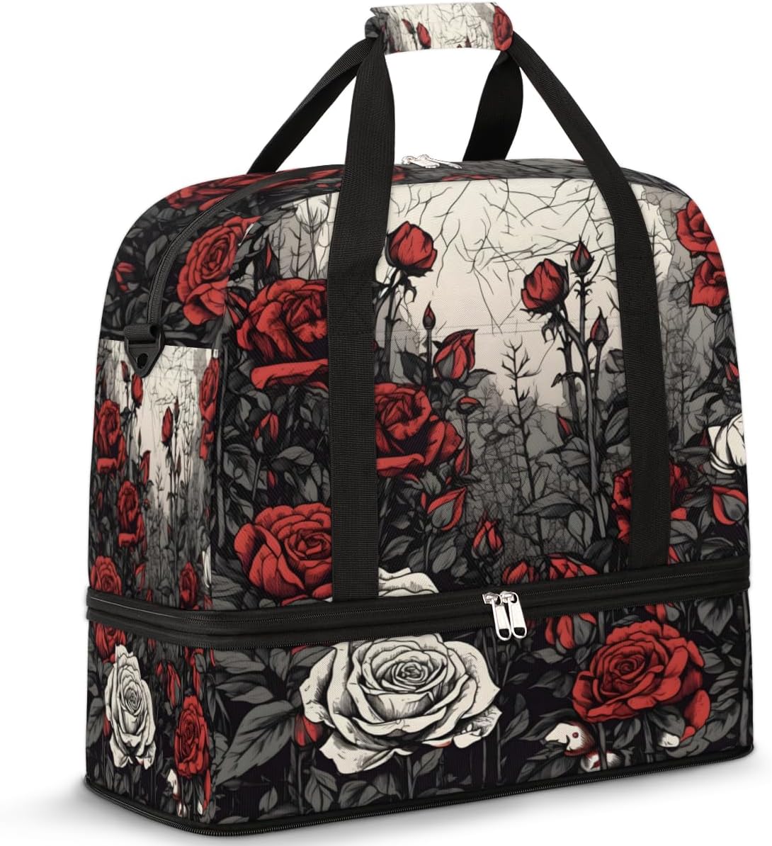 QsirBC Roses Spring Style Gym Bag for Women Duffle Tote with Shoes Compartment Men Weekender Duffel for Dance Travel Sports Swimming Overnight