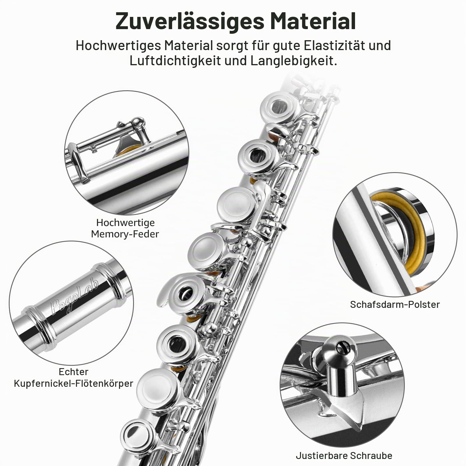 POGOLAB Flöte, Offene Loch, C Flute mit geteiltem E&Offset-G, C Fußstück, versilberte Flöte mit Flötentasche/Flötenreinigungsset/Sondenstab/Handschuhe/Fett, für fortgeschrittene Spieler