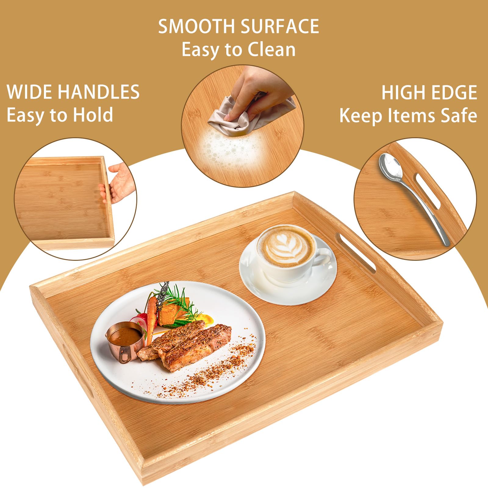 Bandeja de Servir de Bambú Con Asas - Madera, Cocina, Desayuno, Té, Mesa de Café, Decorativa (50 x 35 x 4 cm)