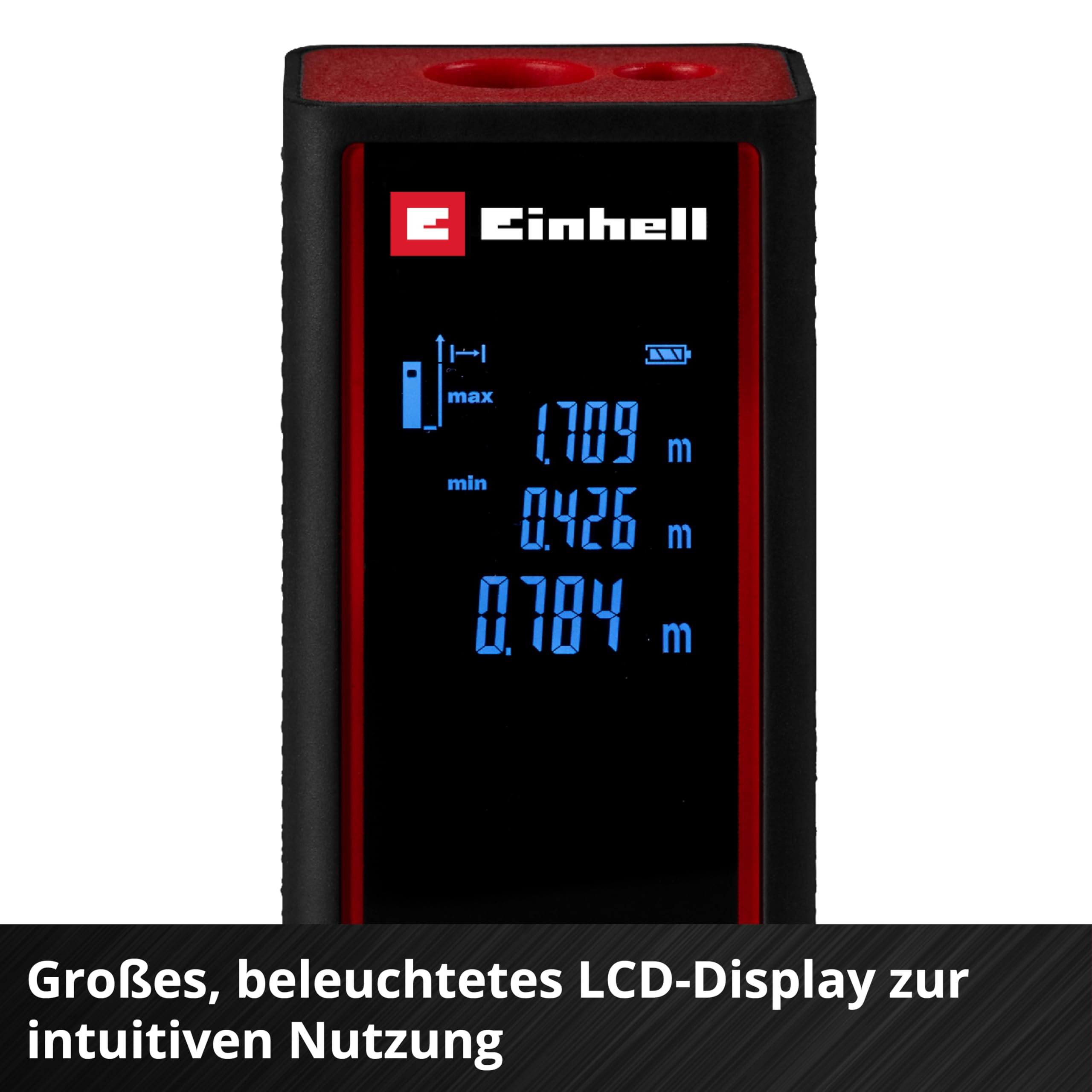 Einhell Laser Entfernungsmesser TC-LD 30 R (30 m max. Messbereich, Messmodi Distanz, Fläche, Volumen, Dauermessung, LCD-Display, Abschaltautomatik, ohne Batterien)