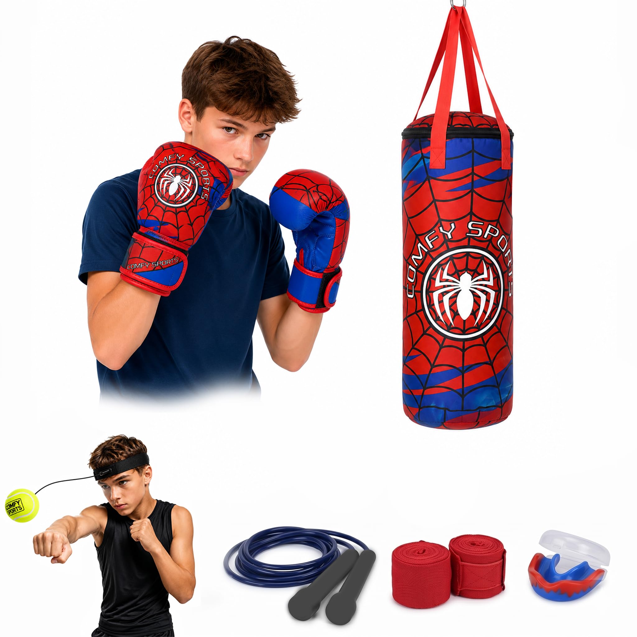Comfy Kids Punching Bag Kit with Boxing Gloves – Junior MMA, Muay Thai & Karate Training Set, Hanging Punch Bag for Boys & Girls (Red/Blue, With Gloves size 4oz)