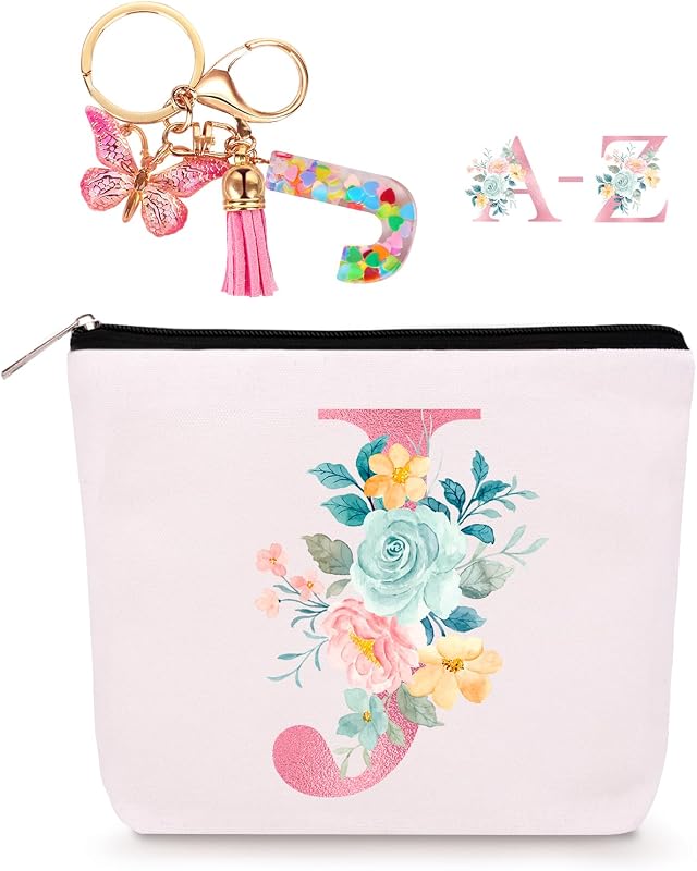 Necessaire de maquiagem Lingdeer com inicial J e chaveiro de resina, 20,07 x 5,59 x 18,29 cm