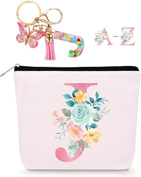 Personalized Makeup Bag with Initial Keychain, Custom Initial Monogram Small Travel Cosmetic Toiletry Bag, Birthday Gifts for Women Bridesmaid Teacher J