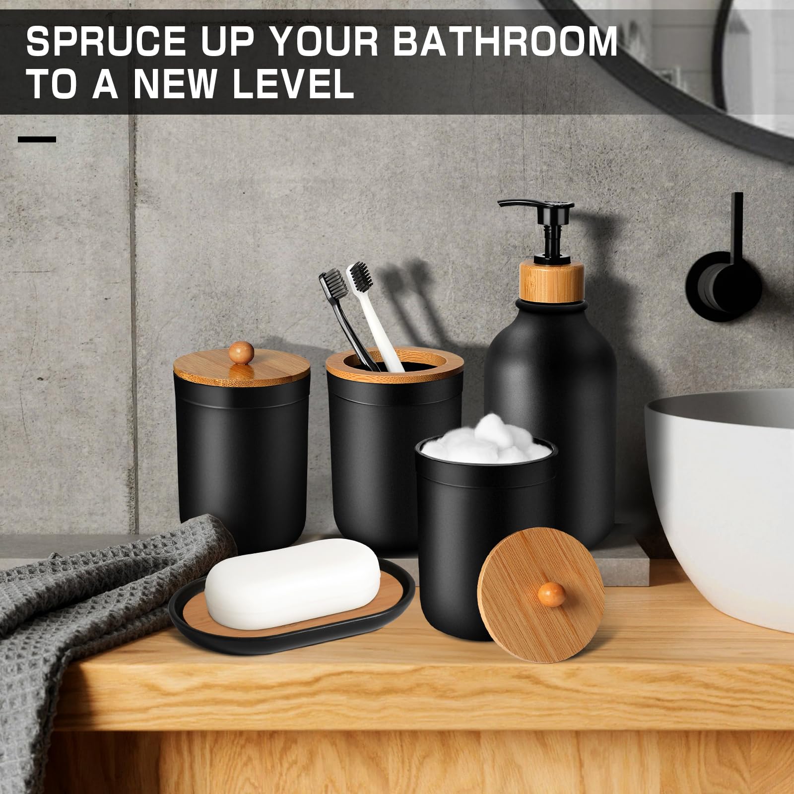 Juego de accesorios de baño negros de 5 piezas, accesorios de baño negro mate, dispensador de jabón de plástico y soporte para cepillos de dientes, jabonera, tarro de hisopo de algodón, juego de baño