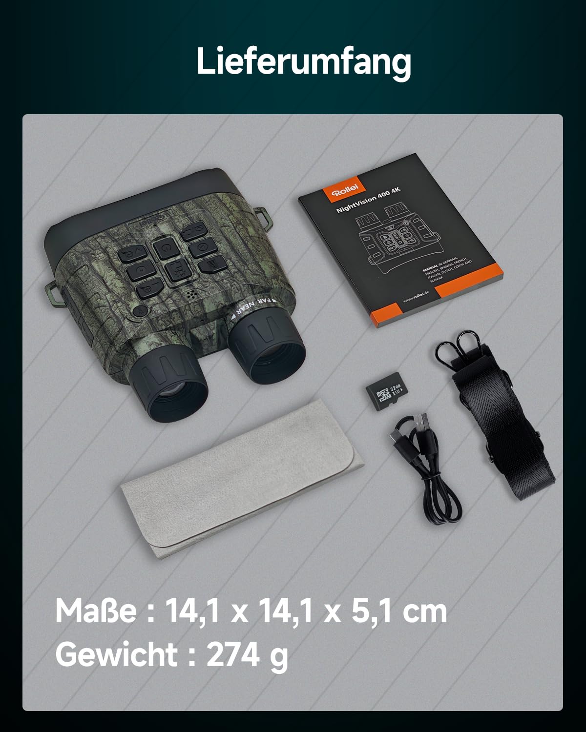 Rollei NightVision 400 4K Nachtsichtgerät, 40MP Fernglas mit Nachtsicht Militär 12X Digitalzoom 32GB SD-Karte 400M Infrarot Kamera mit Taschenlampe 5000mAh Nachtsicht Fernglas Erwachsene für Jagd