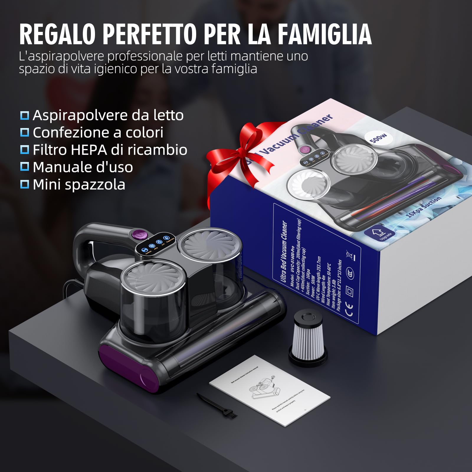 Aspirapolvere per Materassi Battimaterasso con Luce UV-C a 253,7 nm 16Kpa Aspiratore Antiacaro Filtro HEPA Riscaldamento Ultrasuoni Funzione Rimuove Allergeni e Polvere 500W Filo