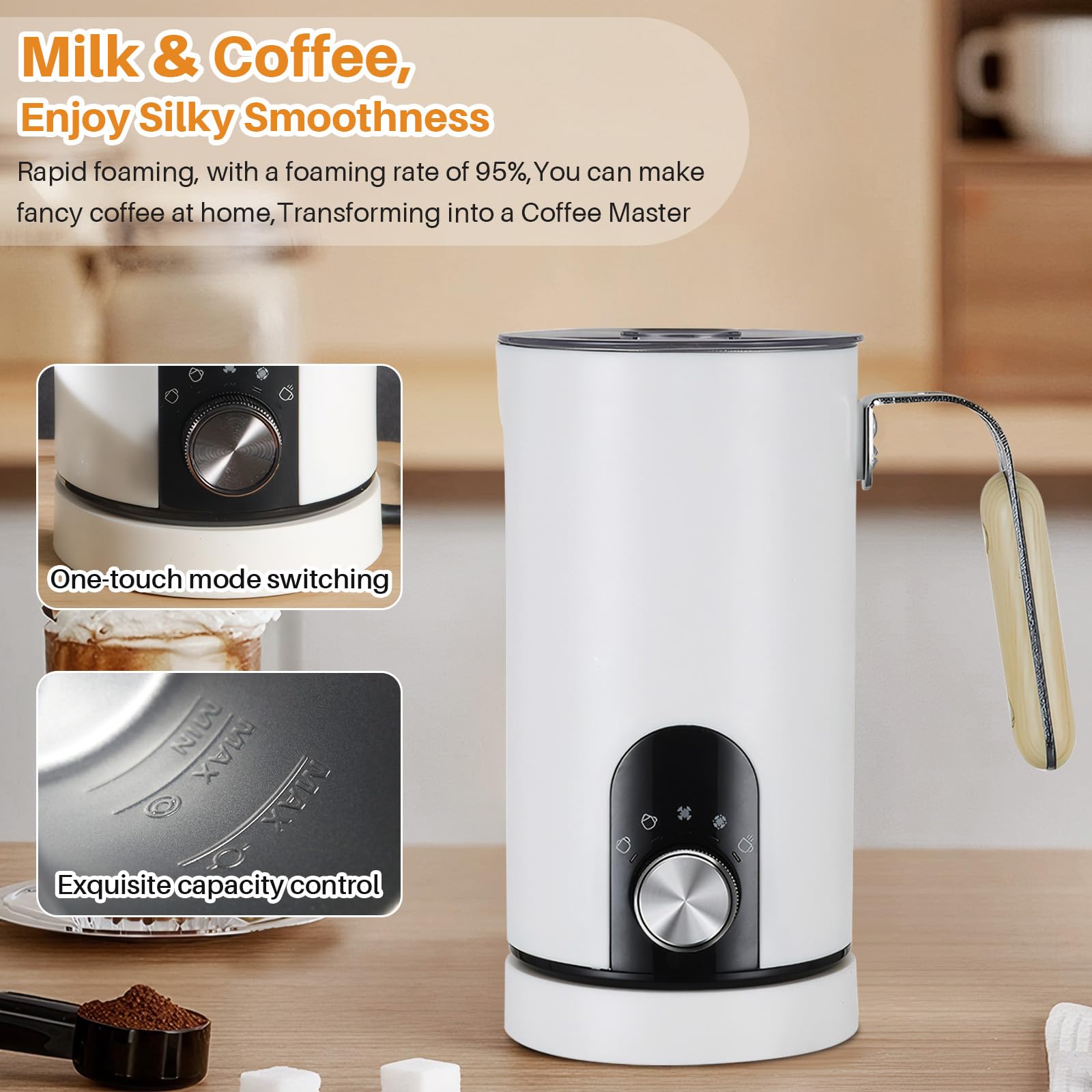 LiveGo Espumador de leche eléctrico 5 en 1, espumador automático de leche de 350 ml, vaporizador de leche dividido, funcionamiento silencioso, calentador y calentador de leche caliente y fría (blanco)