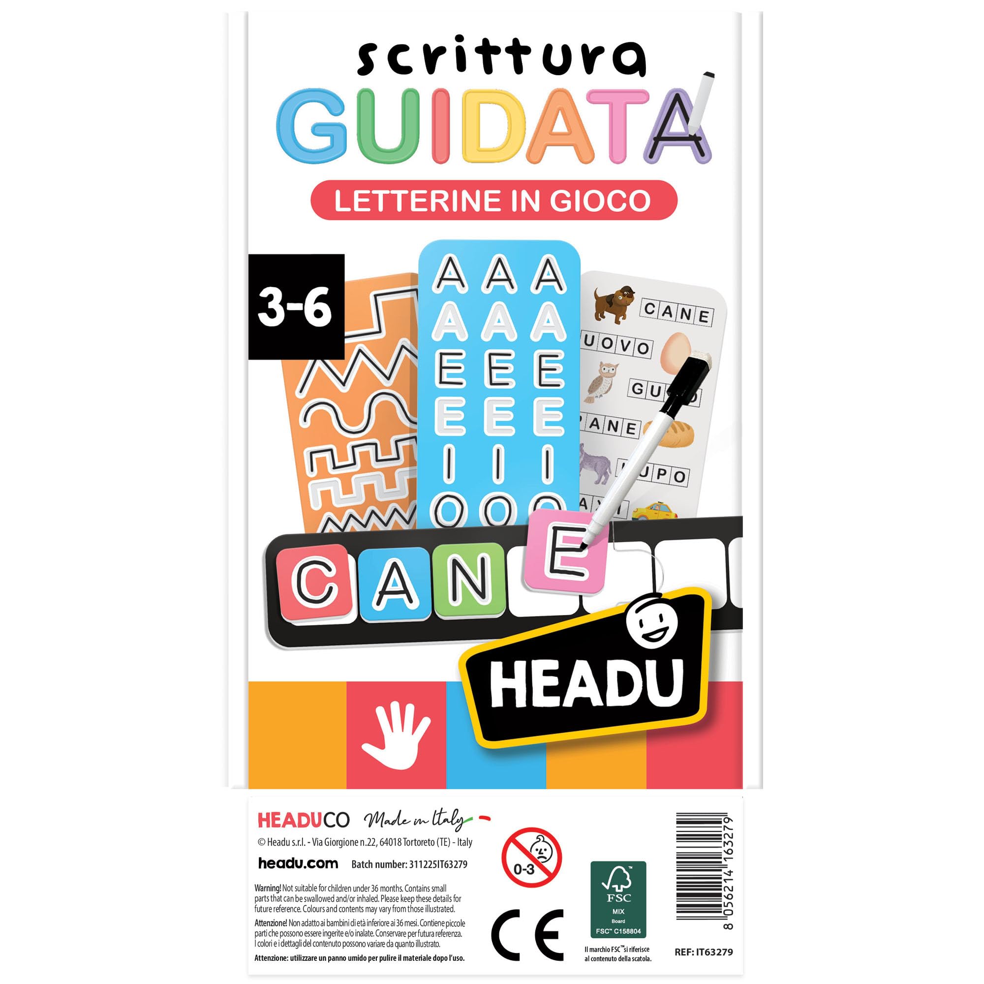 HEADU - Scrittura Guidata Letterine in Gioco - Prescrittura, Alfabeto e Parole |Gioco Didattico per Imparare a Leggere e Scrivere, Gioco Educativo Bambini 3-6 Anni, Regalo Natale Pasqua, Made In Italy