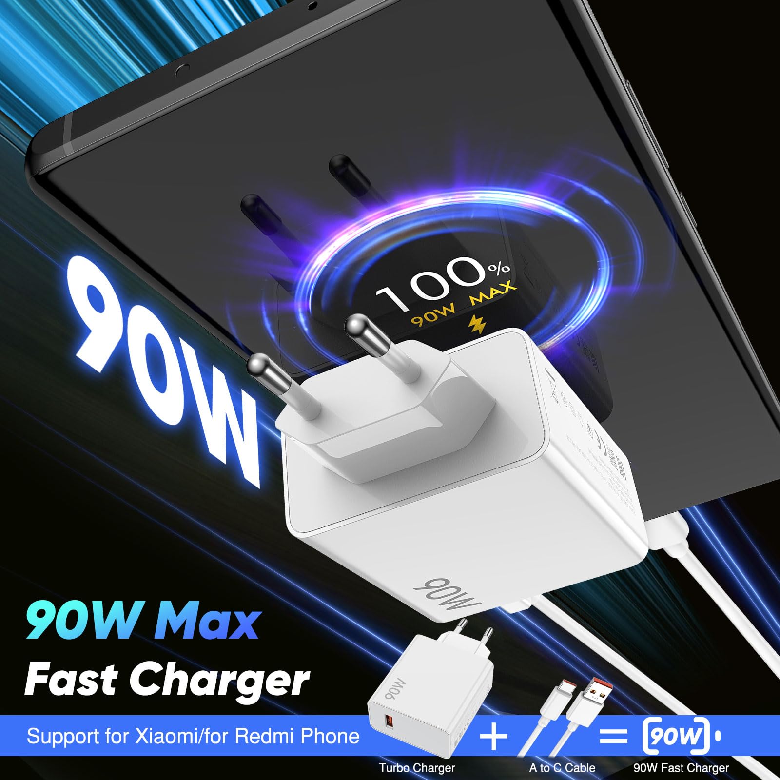 Szybka ładowarka 90 W z kablem USB C 1M do Xiaomi 15 14 13 Ultra POCO F6 X7 F7 Pro, adapter do szybkiej ładowarki 90 W Turbo kabel USB C do Xiaomi Redmi 14C 13C Note 14 13 12S 11S 10 9 Pro