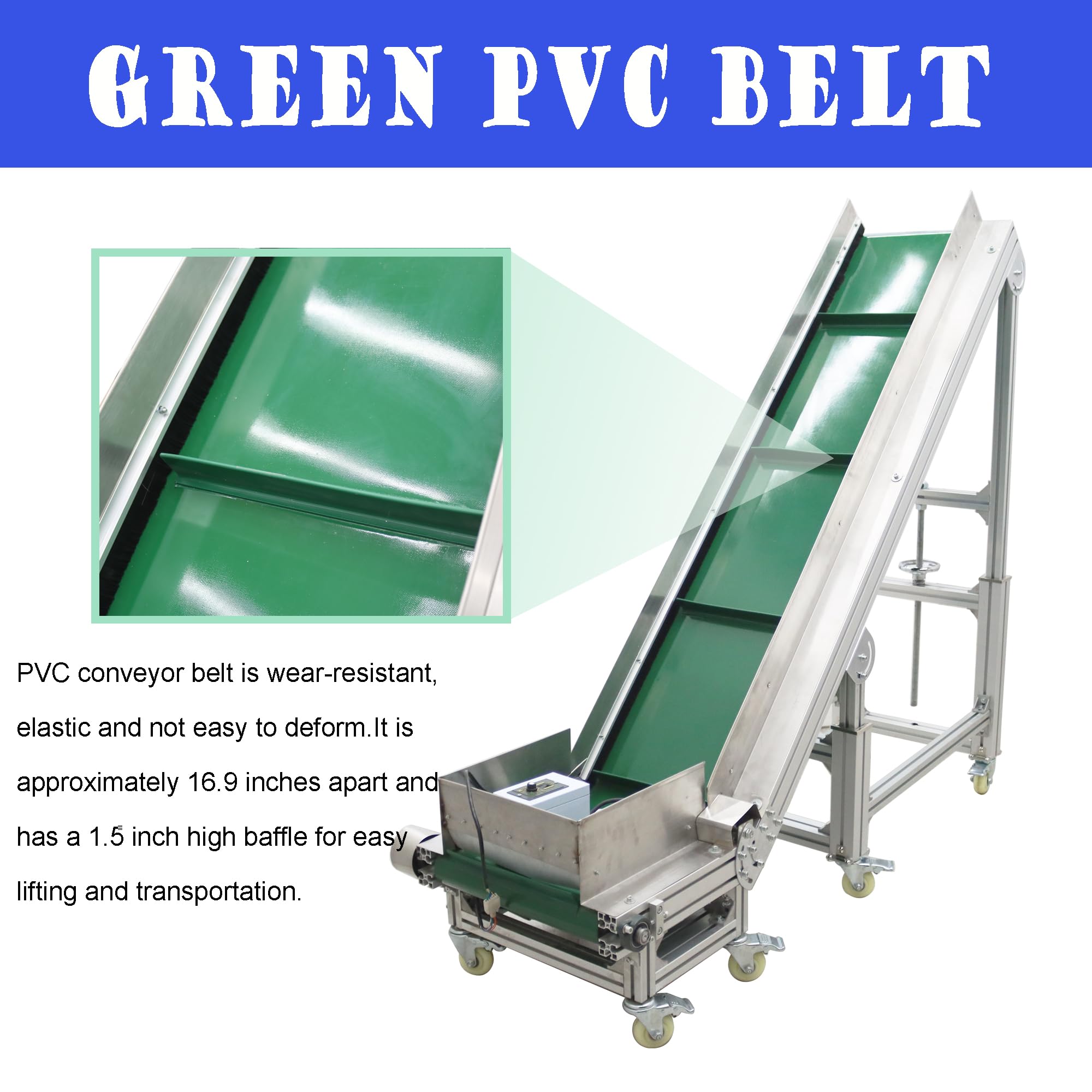 HQHAOTWU Electric Climbing Conveyor PVC Belt Conveyor Aluminium Alloy Frames Climbing Convey System Machine Adjustable Speed 66.9in Slope Length