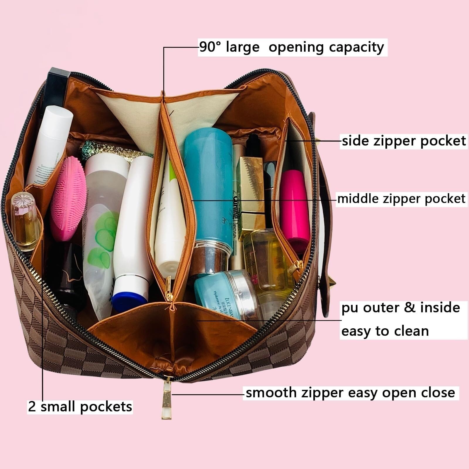 Kosmetiktasche Damen Kosmetiktasche Damen PU-Leder Kosmetiktasche Reise-Kulturbeutel mit Grifffach Kulturbeutel(Brown)