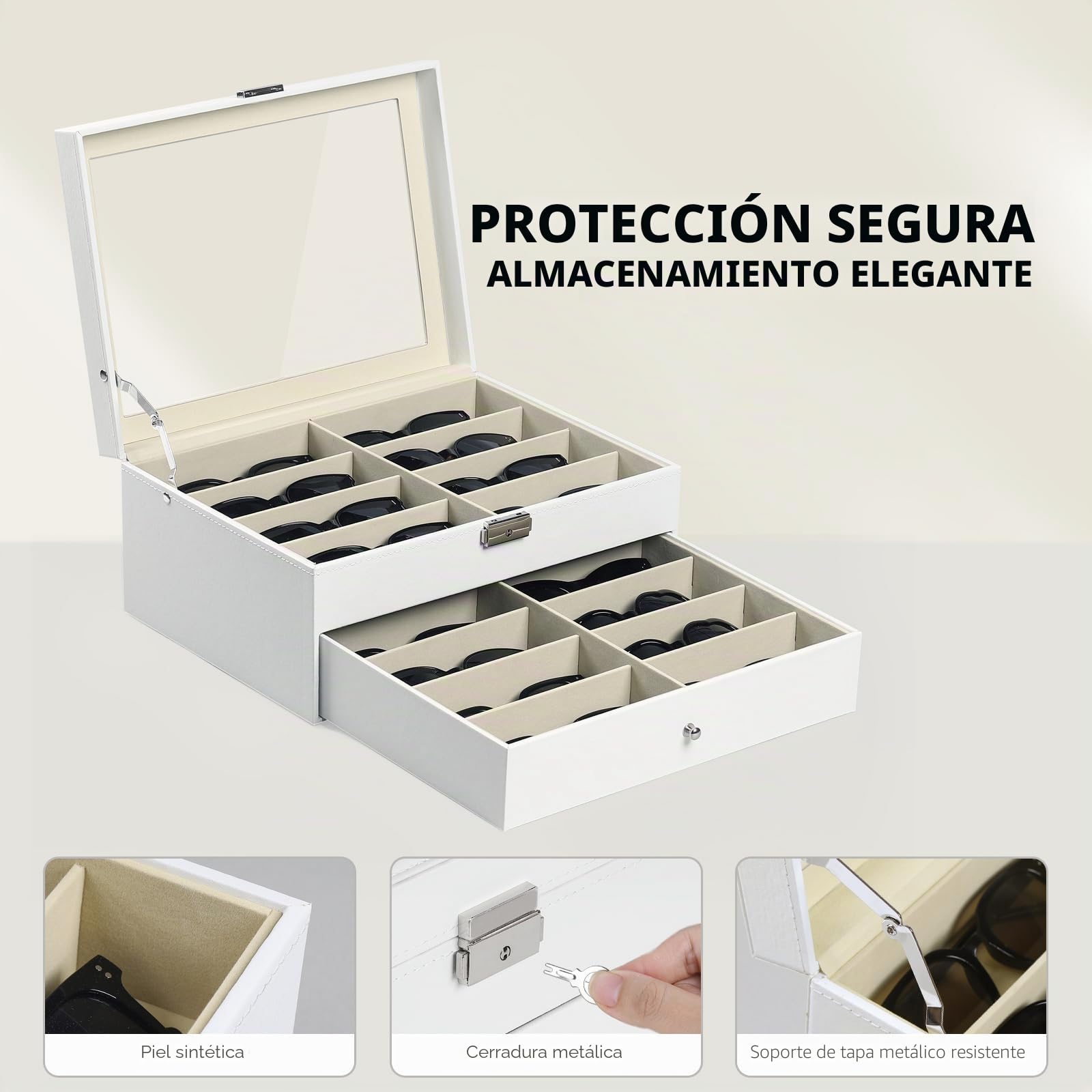 AUTOARK Organizador de cuero para 16 piezas para gafas y gafas de sol,Organizador con cerradura,Blanco,AW-151 | Expositor de gafas de sol, cajón con cerradura