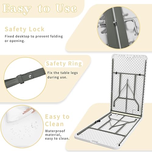 Miniatura 4 de HAISIWLKJ Mesa plegable de 8 pies, mesa de camping portátil de plástico resistente, rectangular, mesa de comedor al aire libre, patas de acero