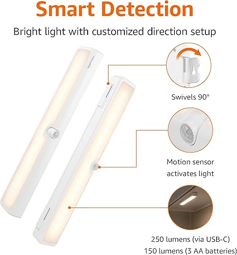 Miniatura 2 de Tienda Basics Barra de luz LED USBfunciona con pilas, sensor de movimiento giratorio, luces adhesivas, 250 lúmenes, 12 pulgadas, iluminación debajo