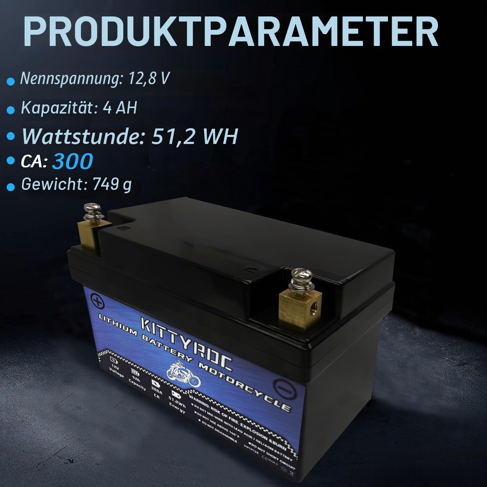 12V Lithium Motorrad Batterie 4Ah 300A, Square Terminal LiFePO4 Batterie mit Smart BMS, Ersatz ATV, UTV, Motorrad, Rasenmäher, Jet Ski, Schneemobil, 4 Wheeler, Traktor, Roller