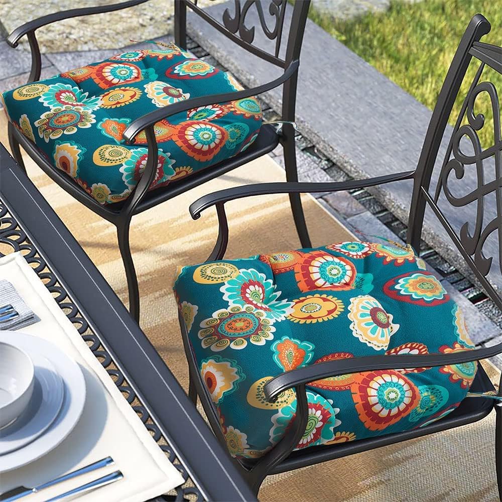 Magpie Fabrics Outdoor/Indoor Tufted Seat Cushion with Ties Set of 2, 19"x19" Waterproof Patio Chair Pads Tatami for Room Garden Balcony Office Decor(Floral Green) A Floral Green