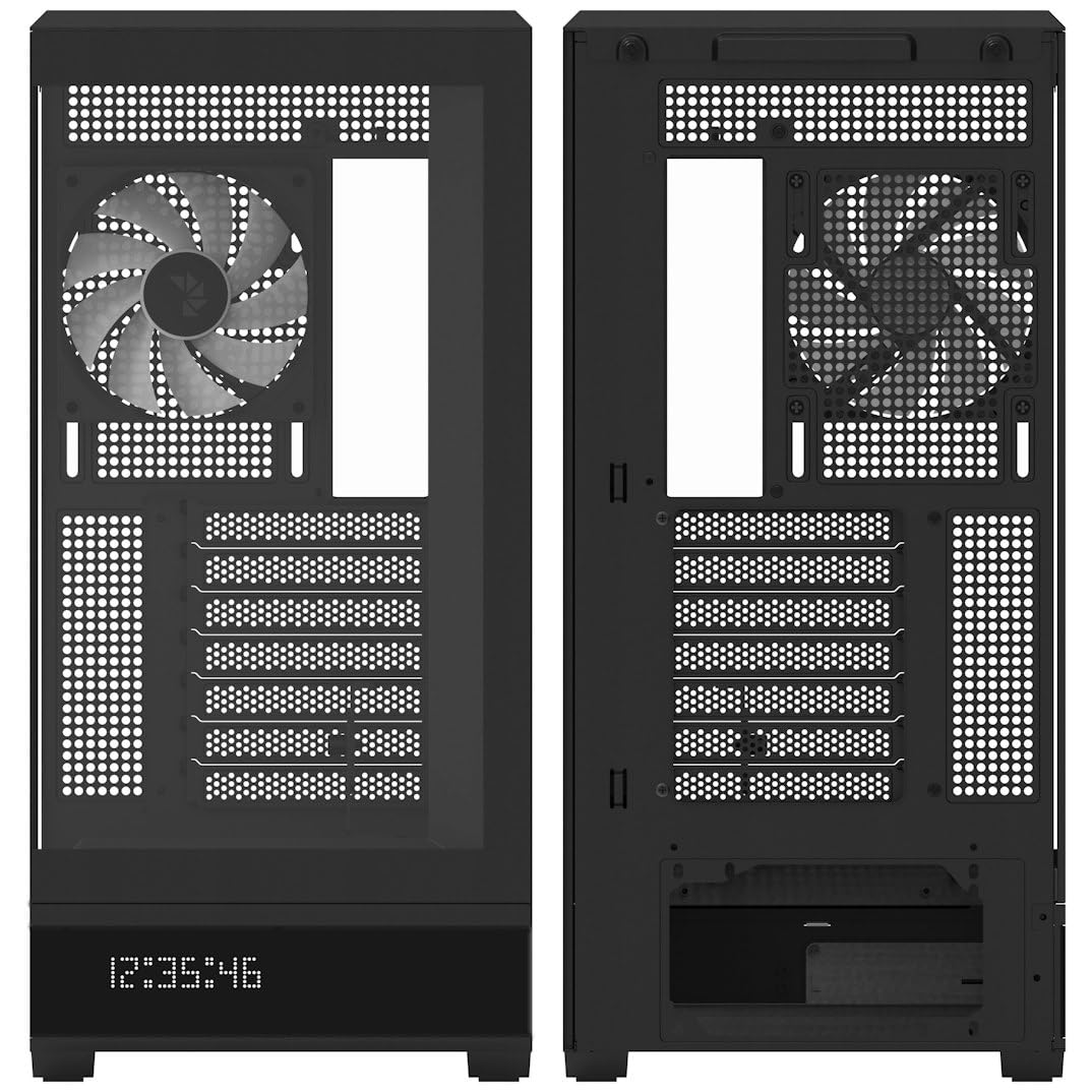 Aerocool P500B Digi schwarzes ATX-Gehäuse, Nahtloser Punkt-Pixel-LED-Bildschirm, 360 mm AIO und Reverse BTF-Motherboard-Unterstützung, verstellbare GPU-Unterstützung, ARGB-PWM-Lüfter x4