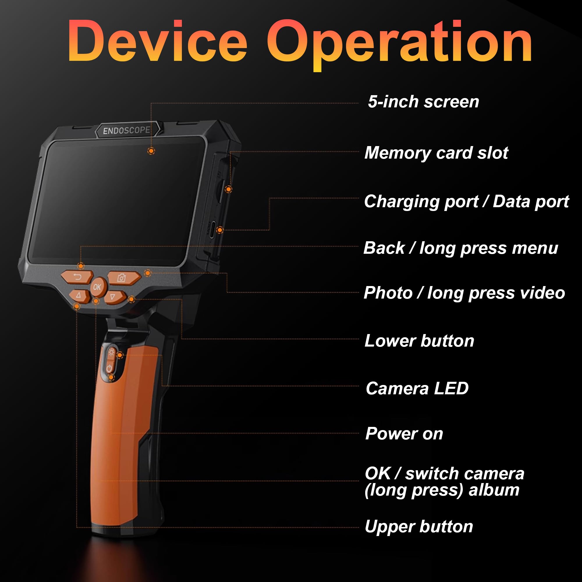 Endoscopio 15M Triple Lente, 1080p Endoscopio Tuberias Camara de Inspeccion con Pantalla IPS HD de 5 Pulgadas, Endoscopio Industrial Camara IP67 con 8+2 Luces LED, 7.9MM, 64 GB de RAM