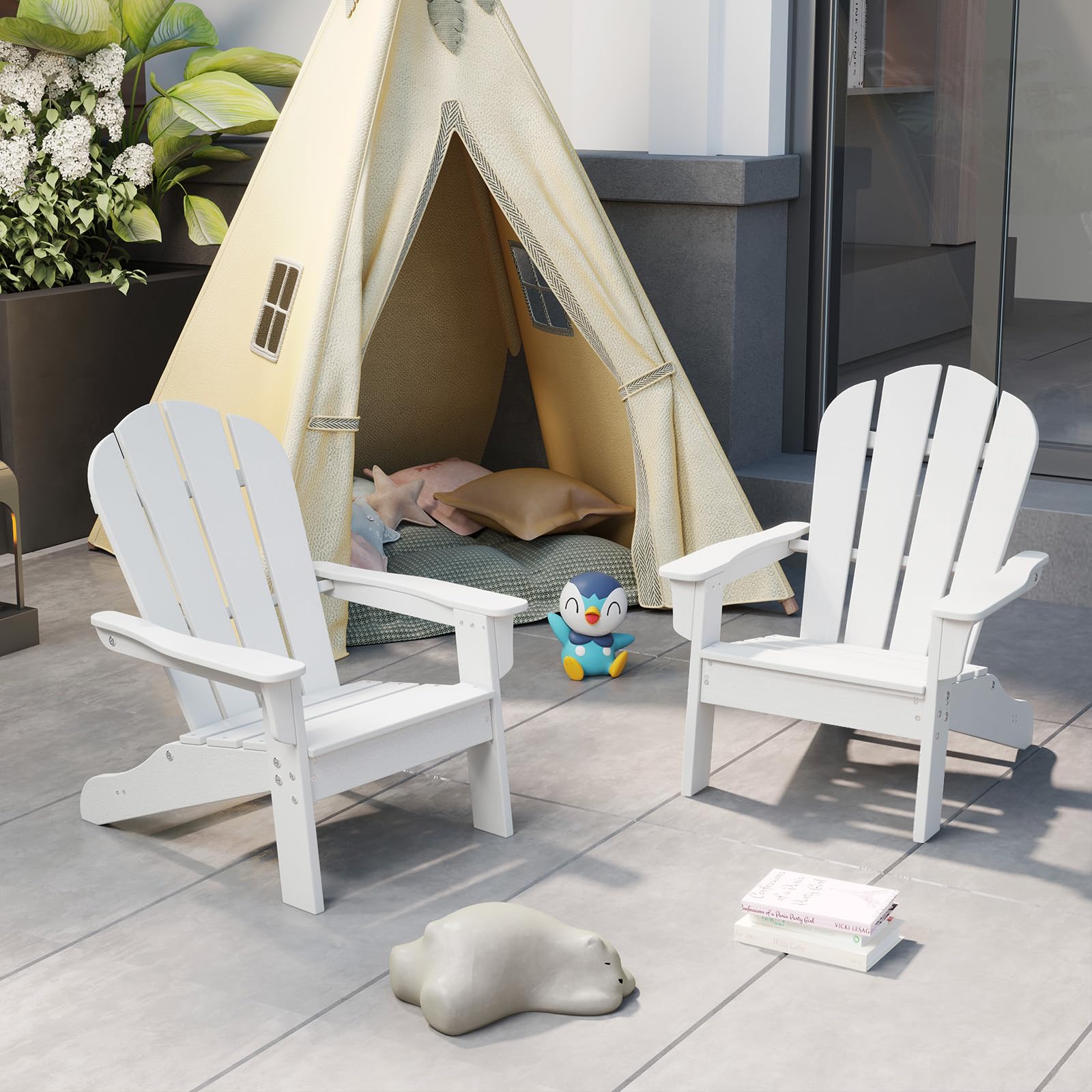 COSTWAY Silla Adirondack para Niños, Silla para Jardín HDPE Resistente a Todo Clima con Diseño Ergonómico, Mobiliario para Patio Exterior para Niños de 3 a 8 Años (Blanco)