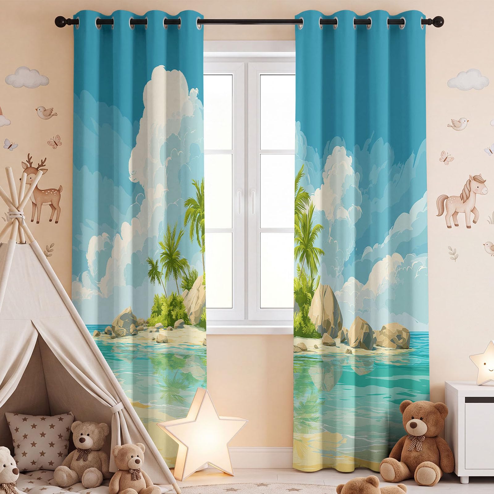 Generisch Tende oscuranti a forma di isola del mare tropicale, con motivo botanico di cocco botanico, protezione dal calore, 140 x 250 cm (larghezza x altezza), con occhielli, per soggiorno