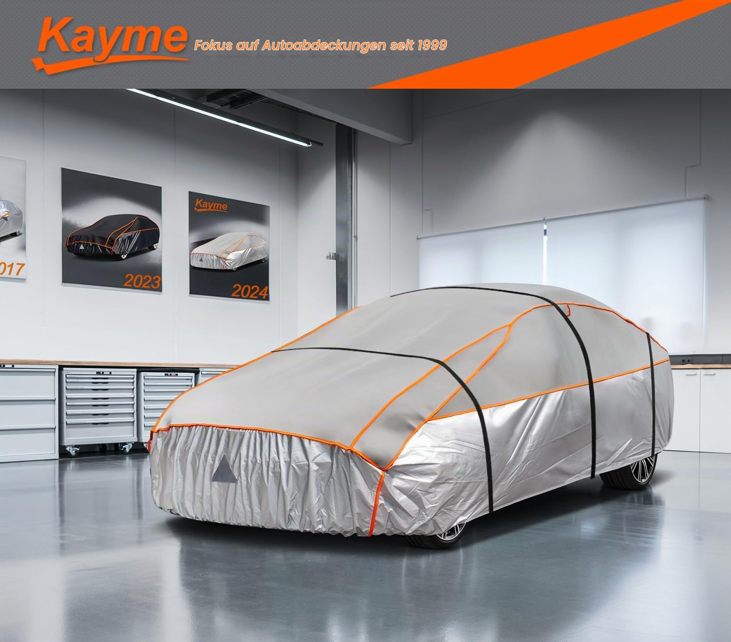 kayme Hagelschutzplane Auto Autoabdeckung Wasserdicht Atmungsaktiv. PKW Hagelschutzgarage, Abdeckplane für Hagel Sonne Regen Schutz, Hagelschutz vollgarage für Limousine (475 bis 495 cm) Grau