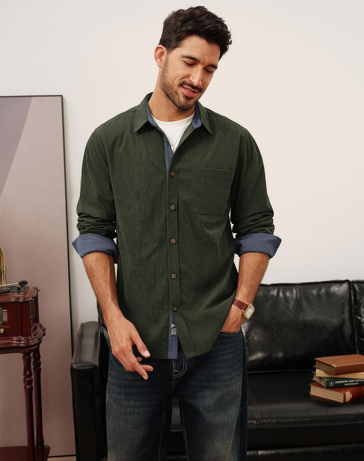 PJ PAUL JONES Men's Corduroy Button Down Shirt Long Sleeve Casual Collared Wrinkle Free Untucked Shirts with Pocket - Image 4