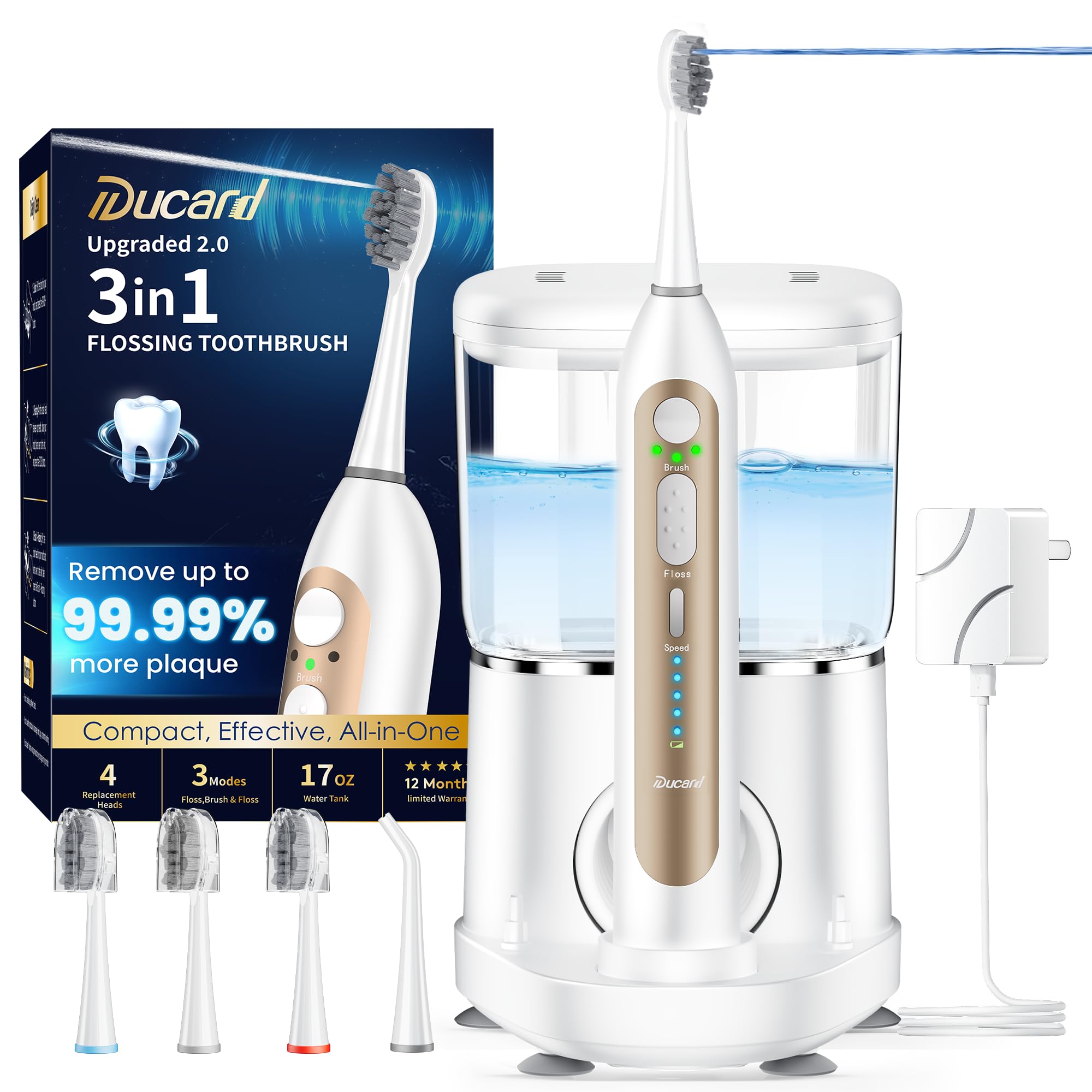 Photo 1 of 3-in-1 Electric Toothbrush with Water Flosser, Upgraded Flossing Toothbrush with 5 Speeds & 3 Modes, 30 Days/Charge for Teeth Cleaning and Plaque Removal, Sensitive Teeth & Dental Implants