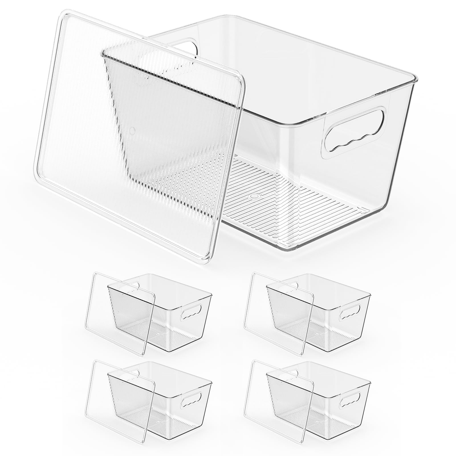 KJIXYUNG 4 Pack Fridge Organisers with Lids, 30 x 20 x 15 cm Stackable Fridge Storage Bins, Clear Plastic Kitchen Organisation and Pantry Containers, BPA-Free Food Storage Boxes — image 1