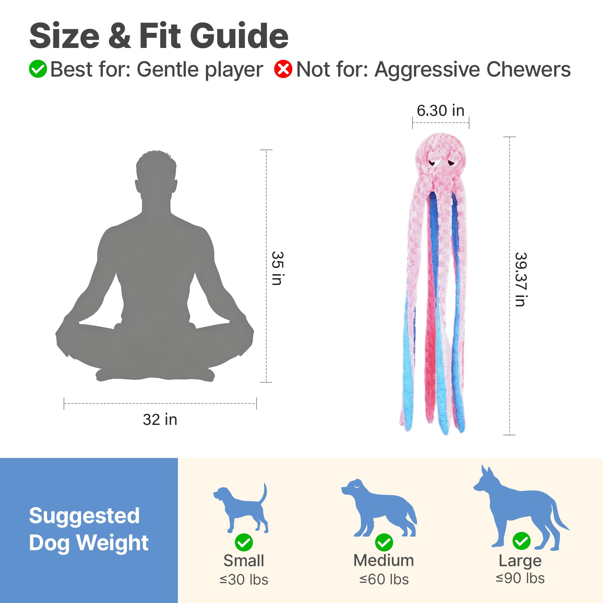 Potaroma Juguete de pulpo largo para perro, juguete de peluche chirriante extra largo de 3.2 pies, juguete interactivo duradero para masticar para el aburrimiento (rosa)