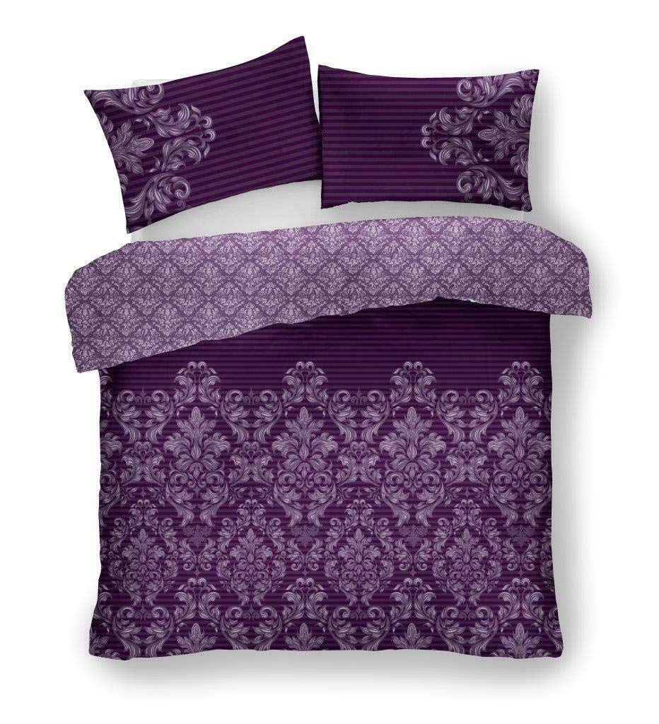 LJ New Empire Damask Pattern Luxurious Printed Style Cotton Rich Duvet Cover Sets Quilt Cover Sets Fully Reversible Bedding Sets (King, Purple)