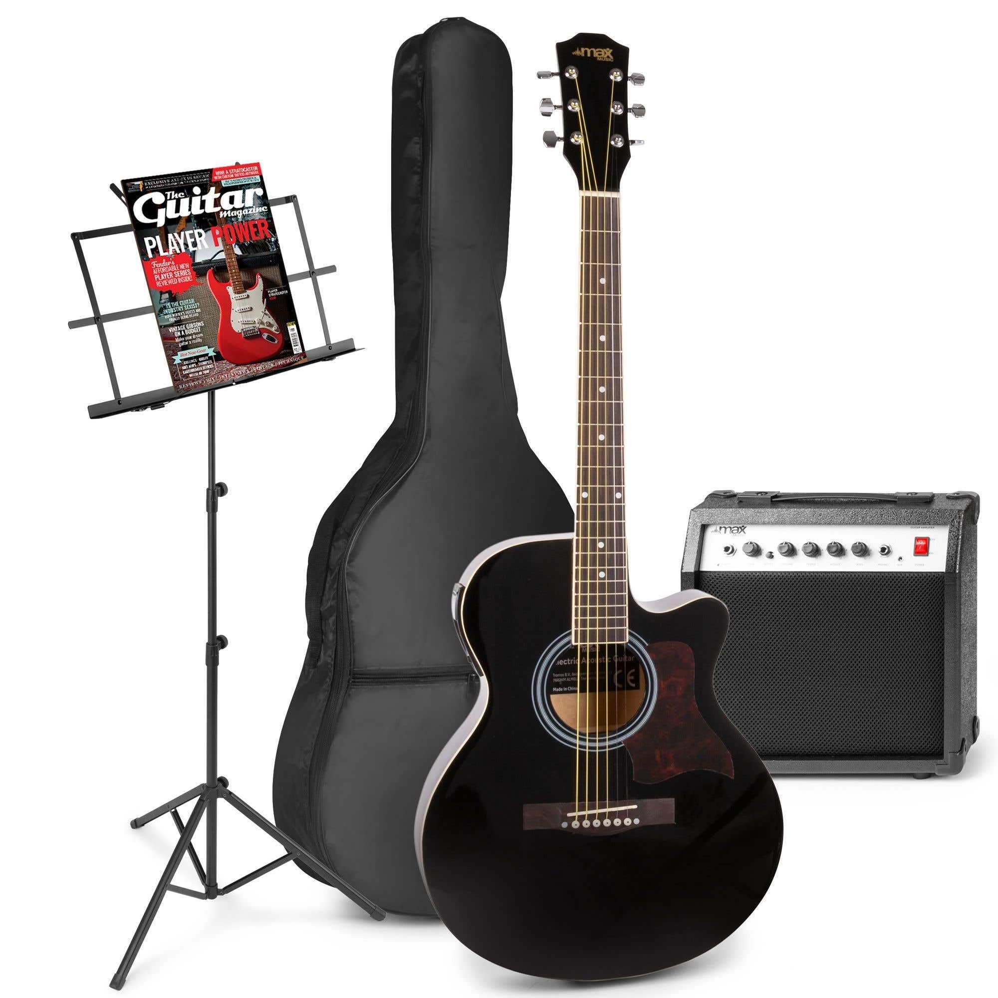 MAX ShowKit Set de Guitare Électrique Acoustique avec Pupitre - Noir, Idéal pour Débuter la Guitare
