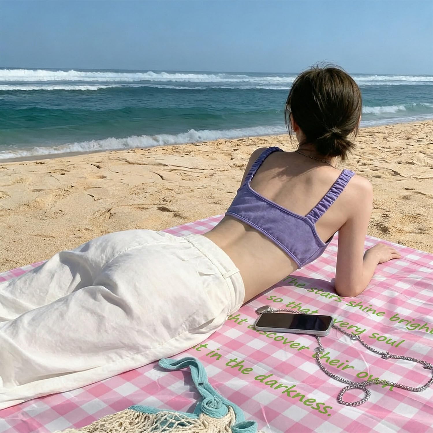Set di 2 coperte da picnic da spiaggia, impermeabili, portatili, lavabili, a prova di sabbia, con manico, pieghevoli, per barbecue, all'aperto, viaggi, parco, spiaggia, campeggio