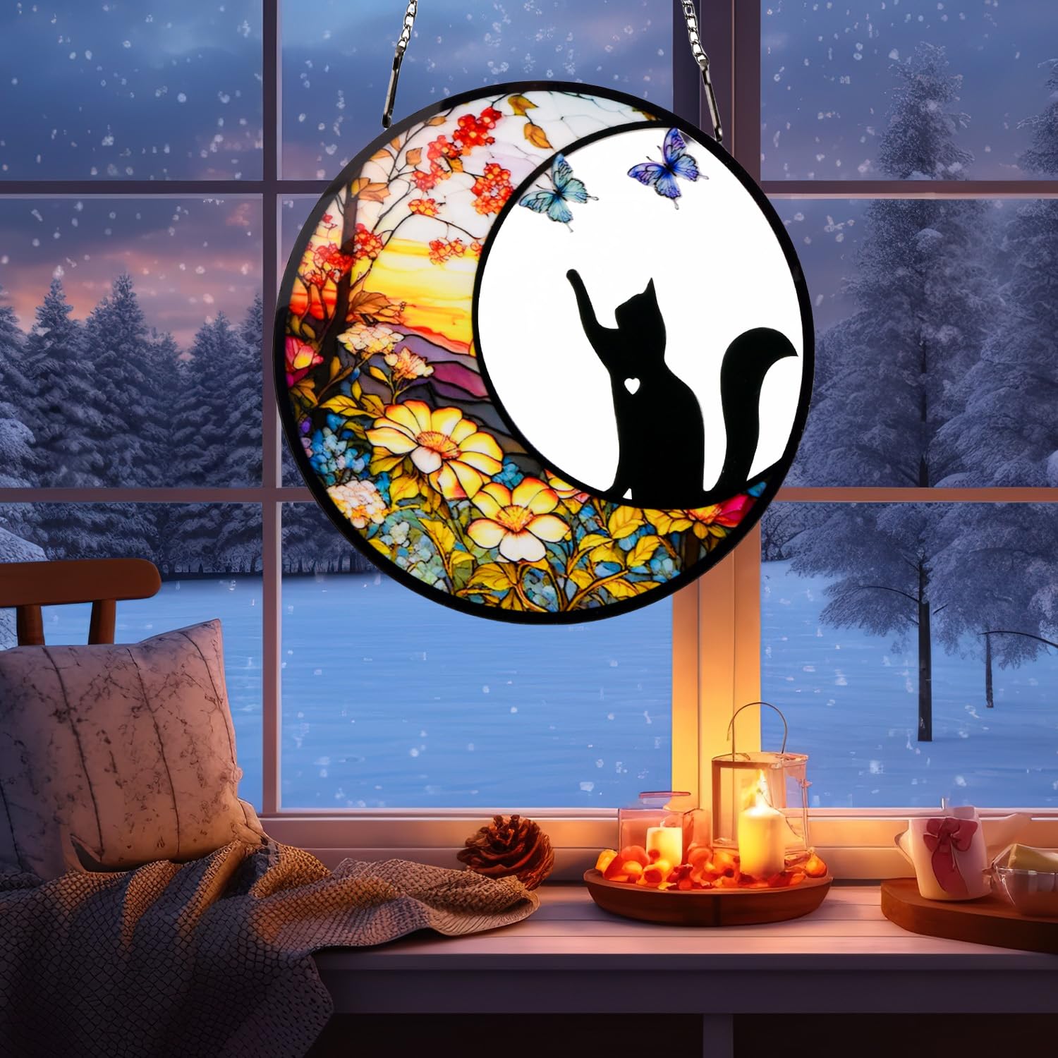 Black Cat Memorial Stained Glass Suncatcher - Butterfly and Halloween Decor - Themed Gift for Cat Lovers, Color 1