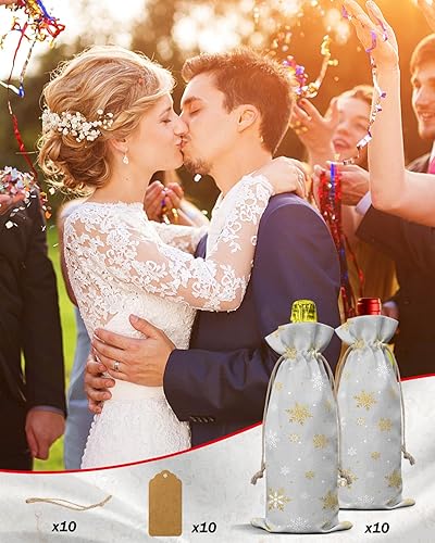 Miniatura 6 de Paquete de 10 bolsas para botellas de vino, cubierta de botella de vino de copo de nieve de invierno con cordón, bolsa de regalo de Feliz Navidad,