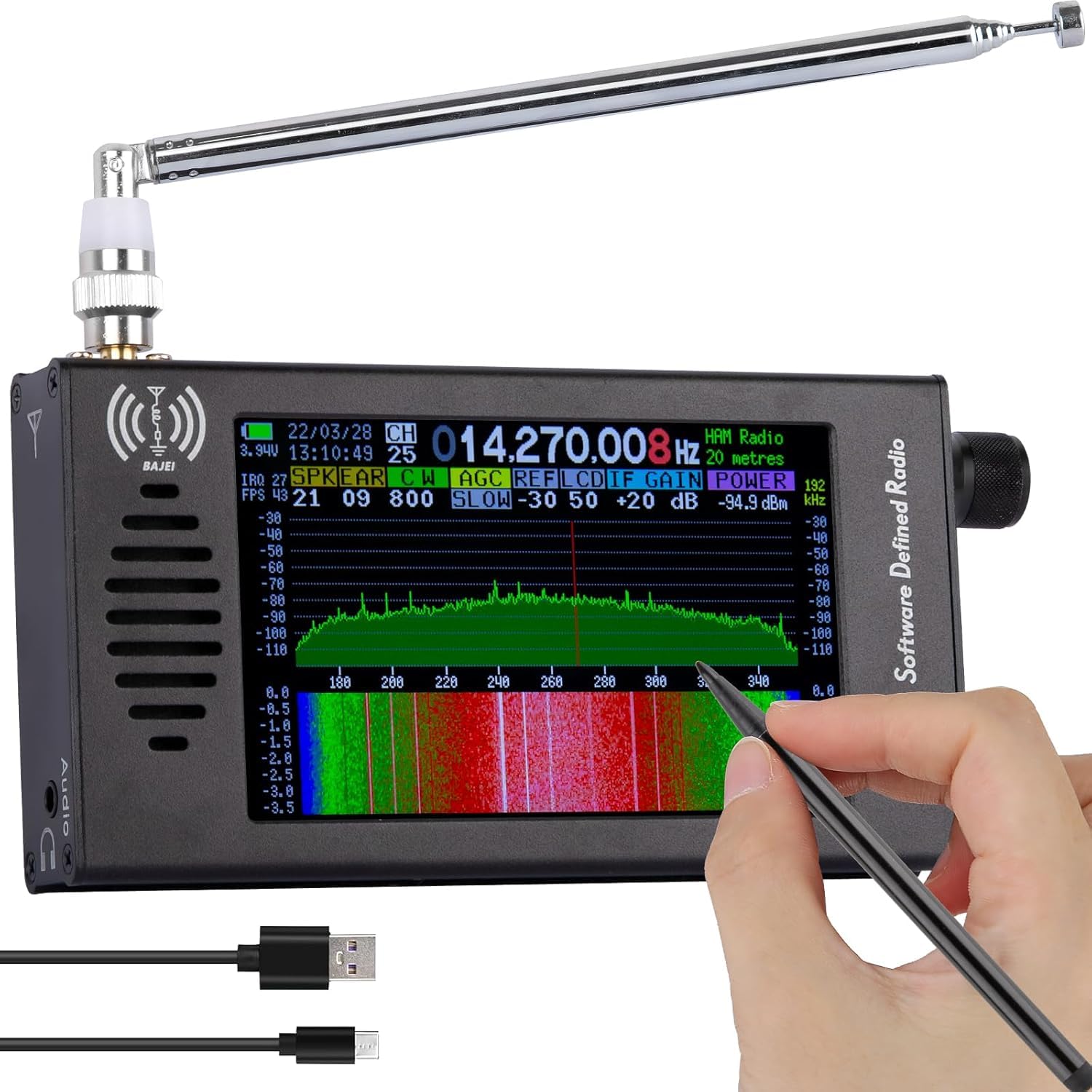 Raddzy SDR DSP Radio Receiver – 4.3″ Touchscreen Shortwave & HF Scanner 100 kHz-149 MHz, CW/AM/SSB/FM/WFM Waterfall Display, Portable Ham & Spectrum Radio-image-3