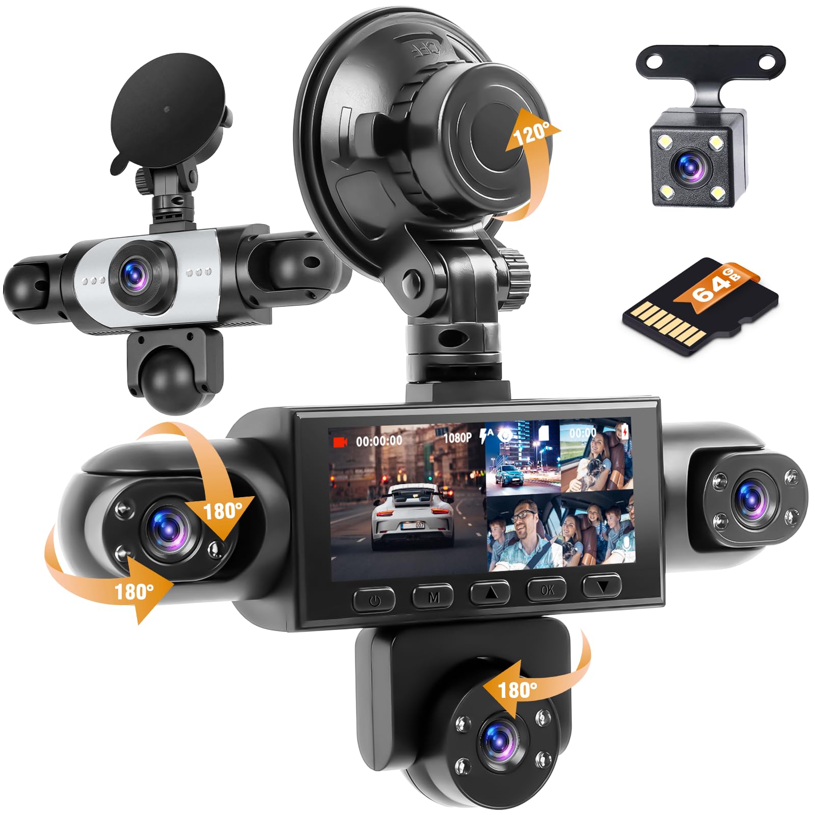 Dashcam Coche 5 Canales, 360°Dash CAM 1080P Delantera y Trasera Izquierda Derecha +cámara Trasera, con Tarjeta SD de 64GB, Cámara para Coche con Grabación en Bucle Visión Nocturna