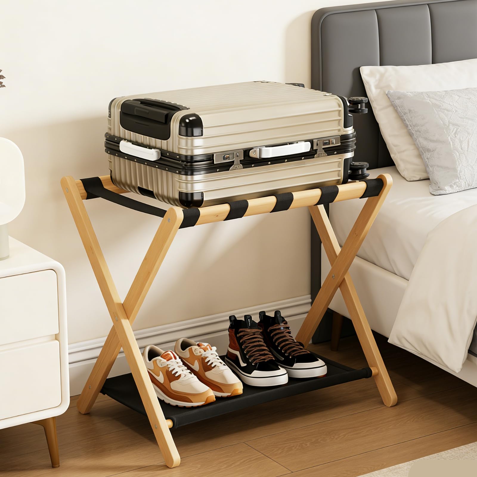 Portaequipajes de madera, soporte plegable de bambú natural con estante de almacenamiento para habitación de invitados, dormitorio, sala de estar de hotel, 5 correas de nailon, resistente, se
