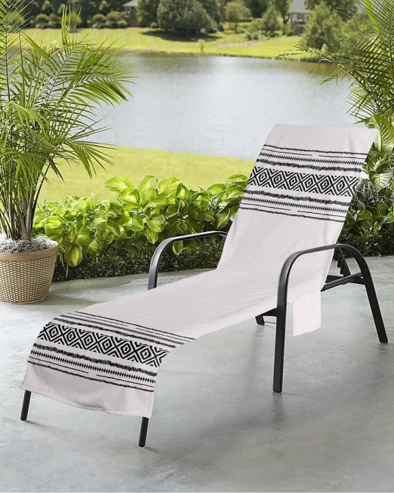 Beach Pool Patio Lounge Chaise Chair Cover Towel with Pockets,Grey Boho Absorbent & Quick Dry Microfiber Towel Cover Bag Summer Travel Accessories Retro Farmhouse Geometric Minimalist Stripes