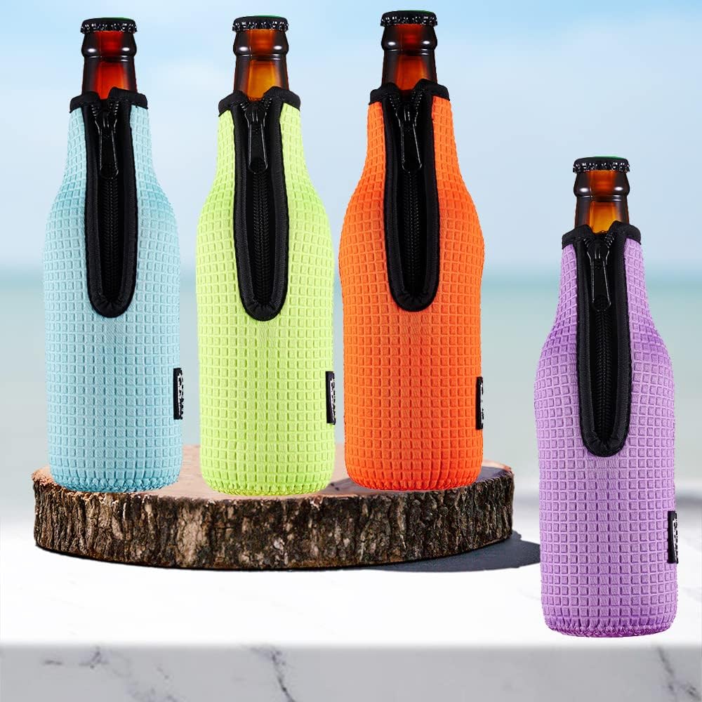 Beer Sleeve Insulators 12oz 330ml Standard Bottle Cooler Covers Zip-up Jacket Holder Non-slip Thick Neoprene Sleeves 4PC Pack (Orange/Green/Black/Light Blue) - Image 6