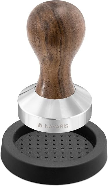 Navaris Coffee Tamper - Handheld Stainless Steel Espresso Press with Walnut Handle for Coffee Grounds - 58 mm Coffee Ground Compressor