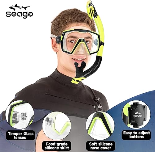 Miniatura 2 de Seago Juego de máscara de buceo de buceo en seco, vista amplia de 180, a prueba de fugas, antivaho, ajuste cómodo para adultos