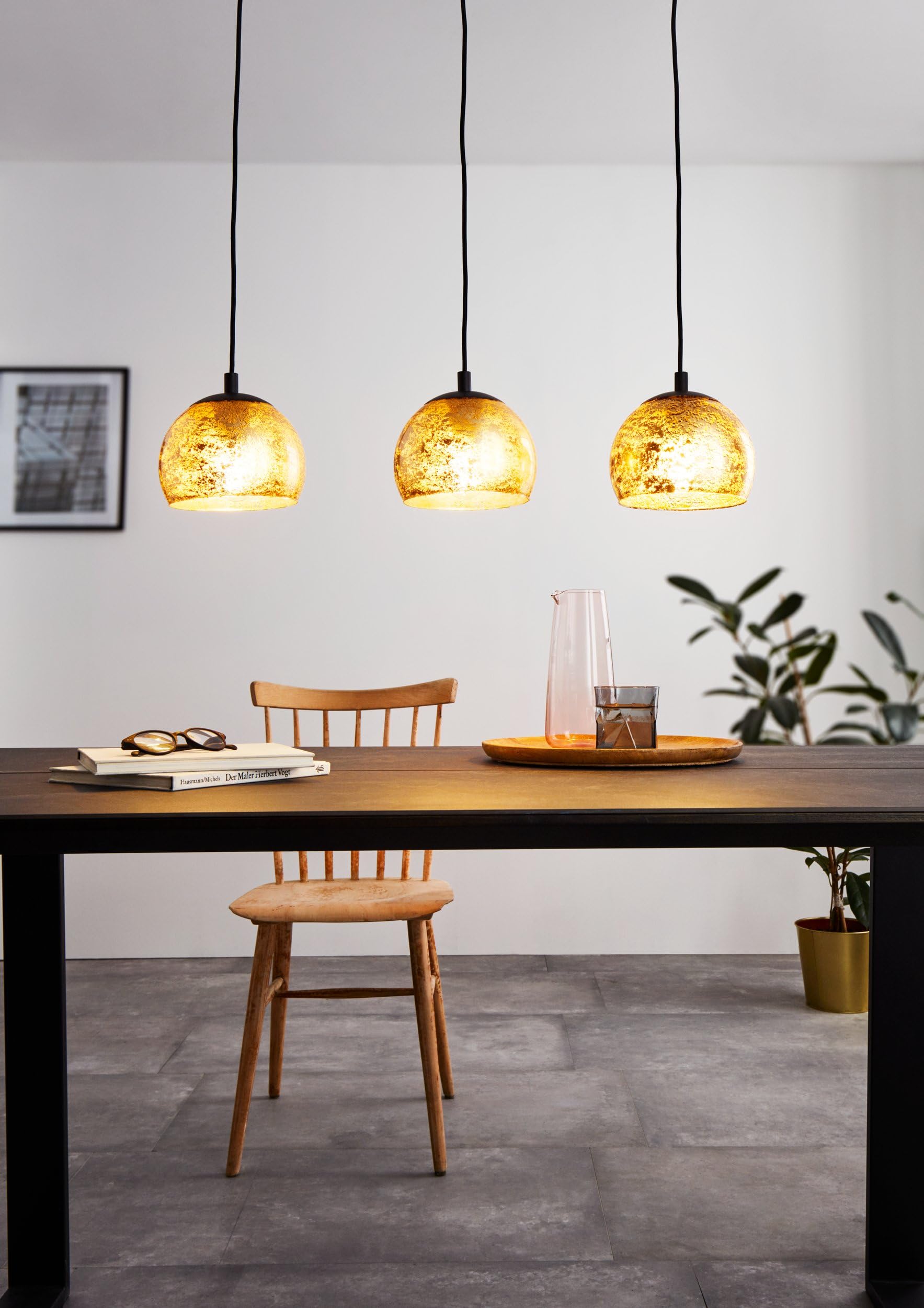 Eglo lámpara colgante Alabraccin, luminaria de techo de 3 luces para mesa | de comedor, luz pendiente de metal en negro y cristal en oro, iluminador de comedor colgante, E27, 78 cm