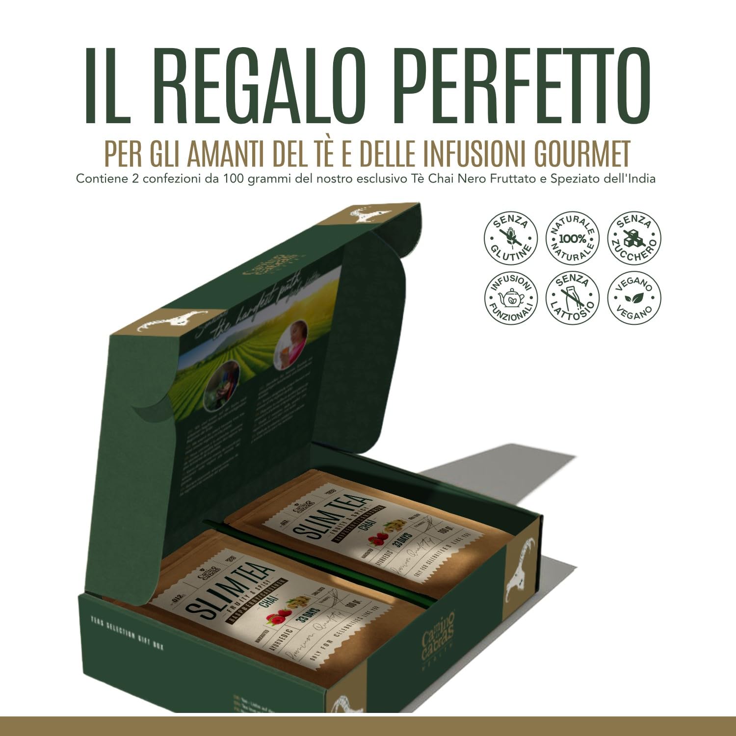Tisane Confezione Regalo - Te Chai Masala Speziato - Energizzante, Detox - Tè Nero, Curcuma, Zenzero, Pepe Nero, Cannella, Lamponi, Cardamomo - Box 2x 100g - Perfetto per Chai Latte