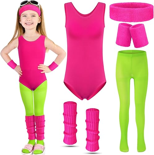 Giegxin Disfraz de entrenamiento de los años 80 para niños, accesorios de traje de Halloween, leotardo retro de neón, leggings, diadema, pulsera,