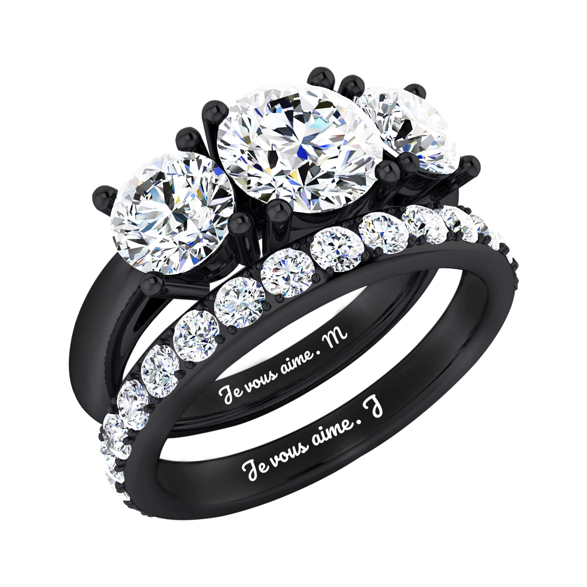 Custom Couples Rings Three-Stone Wedding Ring Sets for Him and Her Engagement Ring for Women Men 3 PCS Promise Rings for Couples Black Ring Set