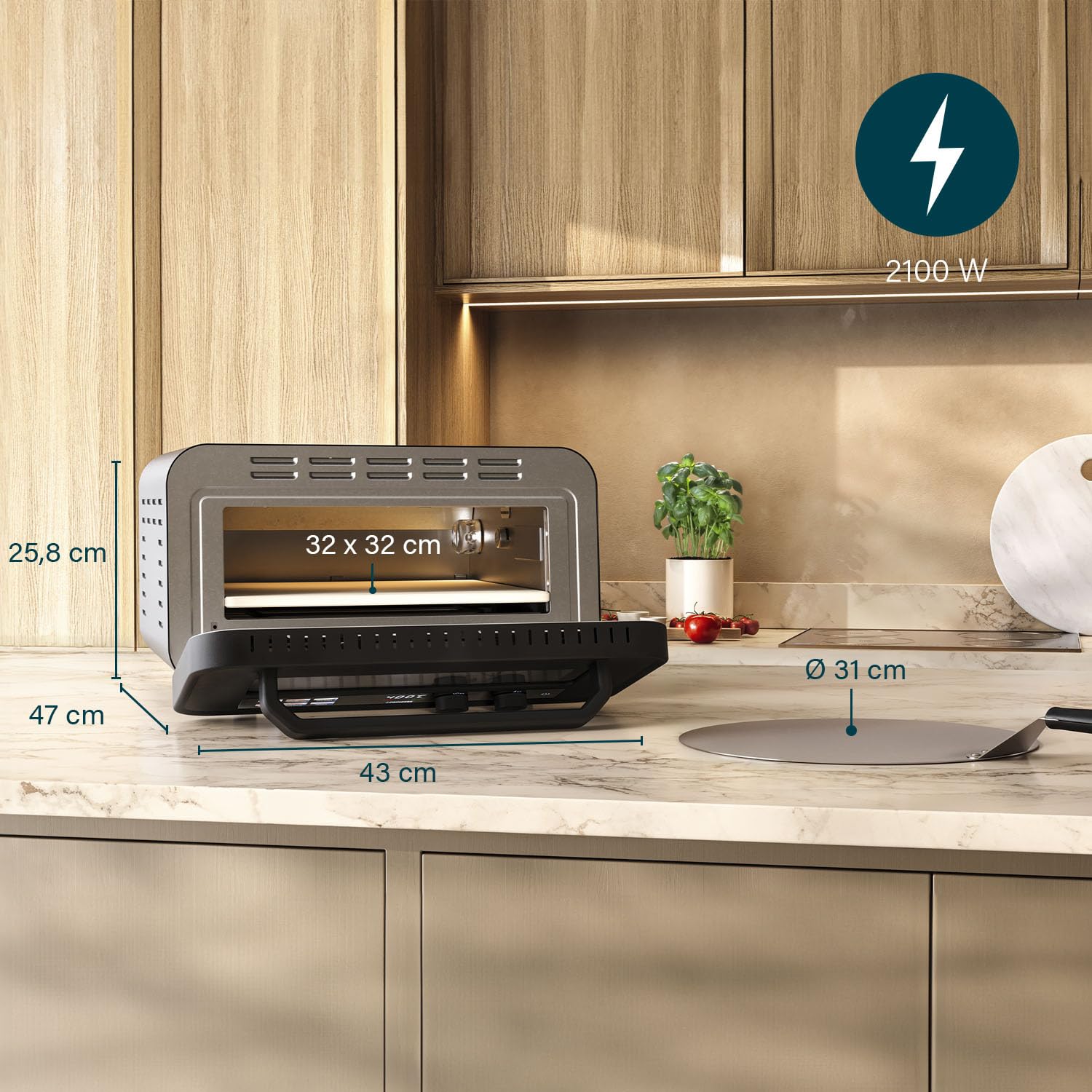 Princess Four à Pizza Pro Max, 15L, 400°C, 2100W, Commandes Tactiles, Pierre et Pelle Incluses, Chaleur Haut/Bas, Minuterie, Compact et Portable, Utilisation Intérieure/Extérieure, 112780
