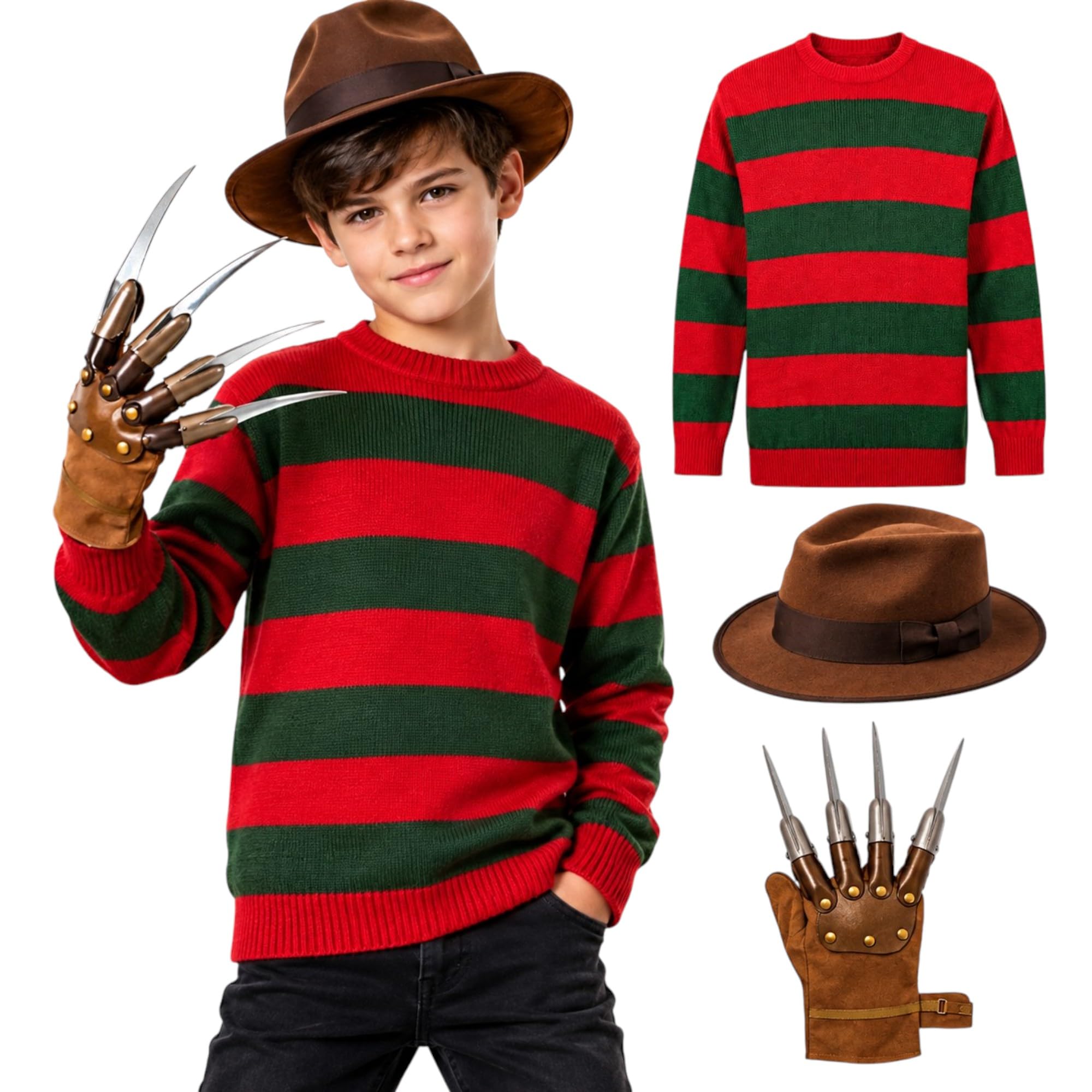 Hiffy Boys Halloween Horror Red & Green Striped Jumper with Brown Hat and Claw Glove, Kids Halloween Party, Trick or Treat, Cosplay & Dress Up (UK, Age, 7 Years, 8 Years, Regular, Jumper Set)