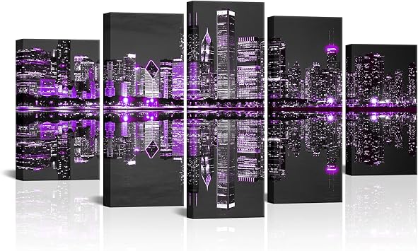 5 Piece Chicago Canvas Wall Art Modern Black and Purple City Night Skyline Picture Painting Cityscape Artwork Framed for Home Office Living Room Decor Ready to Hang Purple, Large
