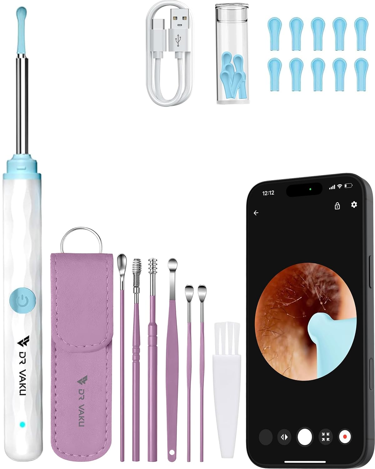 Dr Vaku® Earocam Ear Cleaner Earwax Removal Tool with Extra Cleaning Kit (Set of 7) HD Camera Wifi Connection & 6 LED Lights Endoscope Tool + 11 Silicone Tips Free & Storage Case-White/Purple Dr Vaku® Earocam Ear Cleaner Earwax Removal Tool with Extra Cleaning Kit (Set of 7) HD Camera Wifi Connection & 6 LED Lights Endoscope Tool + 11 Silicone Tips Free & Storage Case-White/Purple